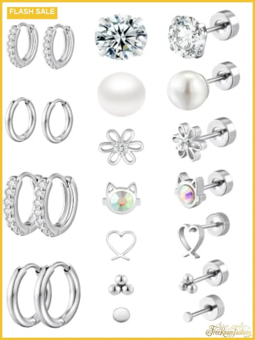 11 Pairs Flat Back Screw Back Stud & Hoop Earrings Set Surgical Steel for